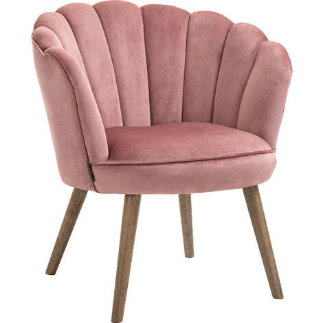 Fauteuil coquillage rose poudré – Velours 100 % polyester – Hauteur d'assise 13 cm – Pieds en bois d'hévéa – Charge max 110 Kg – MH