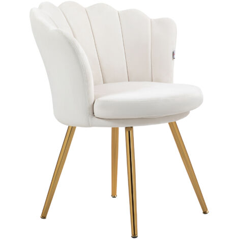 Fauteuil coquillage velours crème, chaise coiffeuse salon, pieds métal doré
