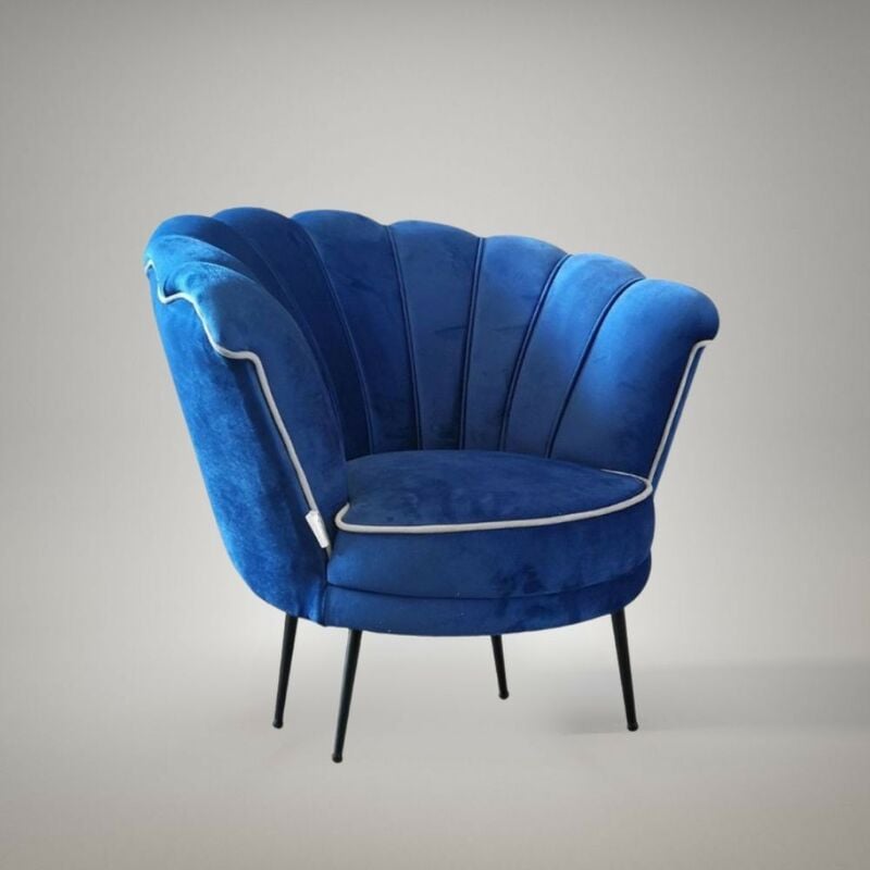 Toscohome - Fauteuil coquille en velours bleu marine avec passepoil blanc - Orel