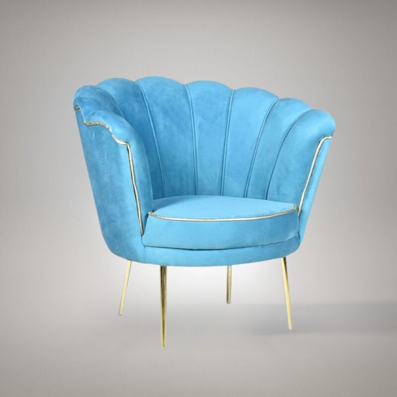 Fauteuil coquille tapissé de velours turquoise et pieds dorés - Orel