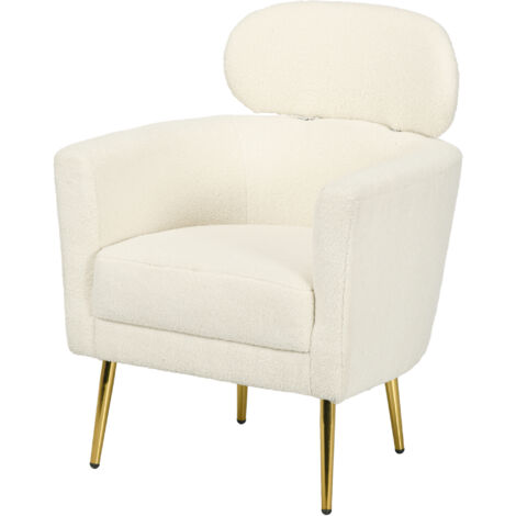 Fauteuil crapaud crème en peluche teddy, appuie-tête amovible, pieds métal, 71x65x90 cm