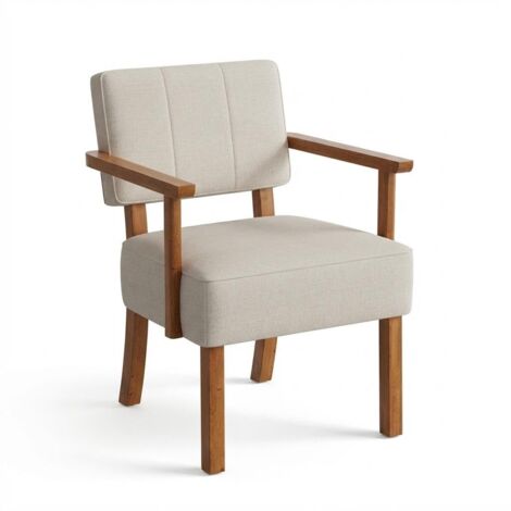 Fauteuil d'accent Mid-Century en Bois, Revêtement Cuir PU ou Tissu Lin, Dossier rayé Vertical, Idéal Salon Chambre Balcon