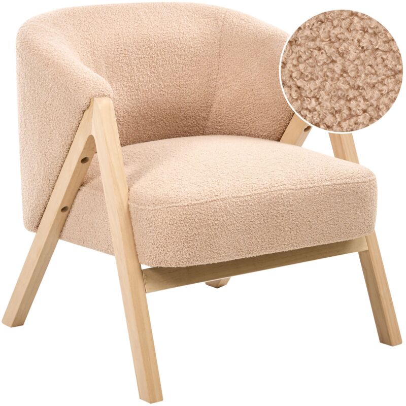 Fauteuil d'Appoint Moderne en Tissu Bouclé en Bois d'Hévéa Meuble de Salon Beige Skei