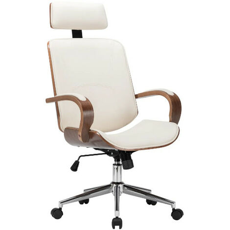 Fauteuil de bureau avec appuie-tête simili cuir beige et bois courbé foncé Cine