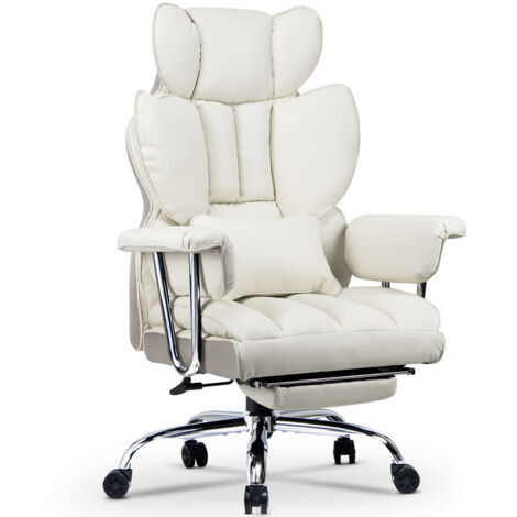 Fauteuil de Bureau avec Repose-Pieds Télescopique - Rattantree Chaise Bureau Ergonomique avec Large Assise Rembourrée et Coussin de Soutien Lombaire - Dossier Inclinable et Hauteur Réglable - PU, Blan