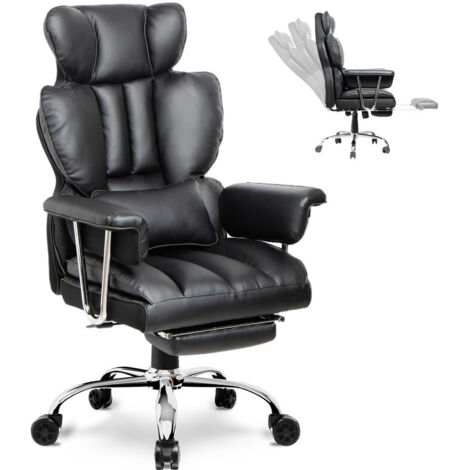 Fauteuil de Bureau avec Repose-Pieds Télescopique - Rattantree Chaise Bureau Ergonomique avec Large Assise Rembourrée et Coussin de Soutien Lombaire - Dossier Inclinable et Hauteur Réglable - PU, Noir