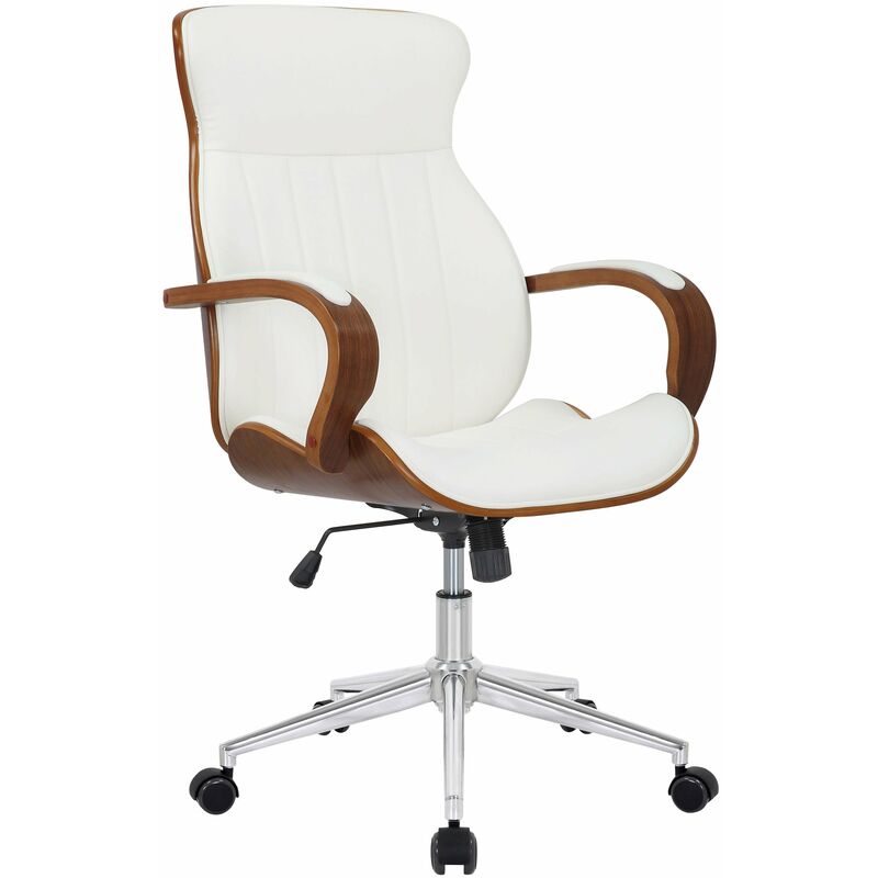 Décoshop26 - Fauteuil de bureau avec roulettes synthétique blanc et bois noyer hauteur réglable BUR10463