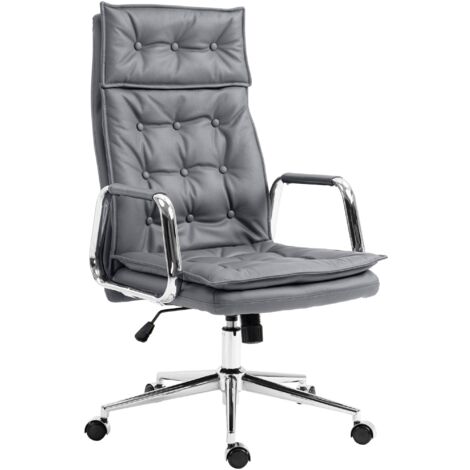 Fauteuil de bureau capitonné rembourrage épais en véritable cuir gris et pieds métal chromé 100002646