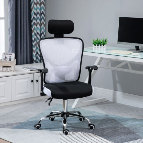 Fauteuil de bureau, chaise de bureau en maille avec hauteur réglable, dossier inclinable, 62x67x118cm, noir et blanc