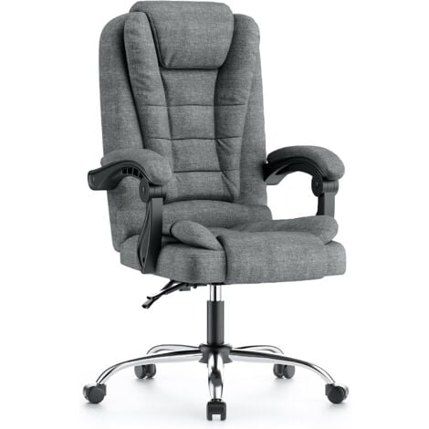 Fauteuil de bureau, Chaise Ergonomique avec Large Assise Rembourrée, Siège de Bureau Inclinable, Roulette Silencieuse, Coton et Lin, Gris - Wowttrelax