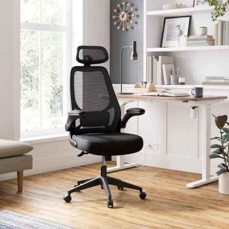 Fauteuil de Bureau, Chaise Ergonomique, Siège Pivotant, Accoudoirs et Appui-Tête Réglables, en Tissu Respirant, Hauteur Réglable, Noir OBN087B01 - Noir