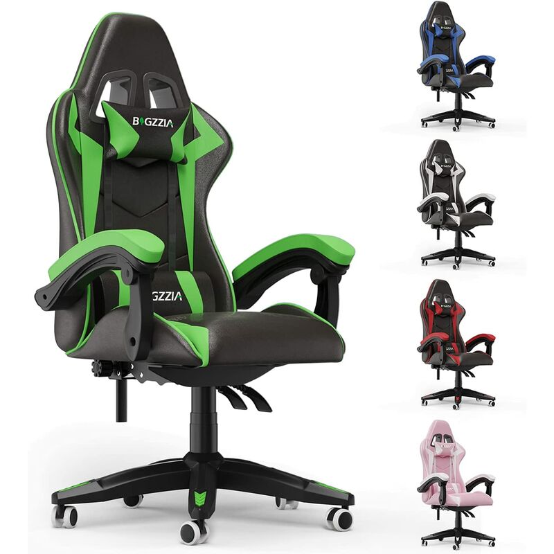 Fauteuil de bureau Chaise Gamer Chaises de bureau à haut dossier avec coussin et dossier inclinable Noir et Vert Bigzzia