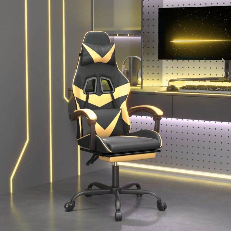 Décoshop26 - Fauteuil de bureau chaise gaming sur roulettes avec repose-pied noir et doré pvc or DEC025771