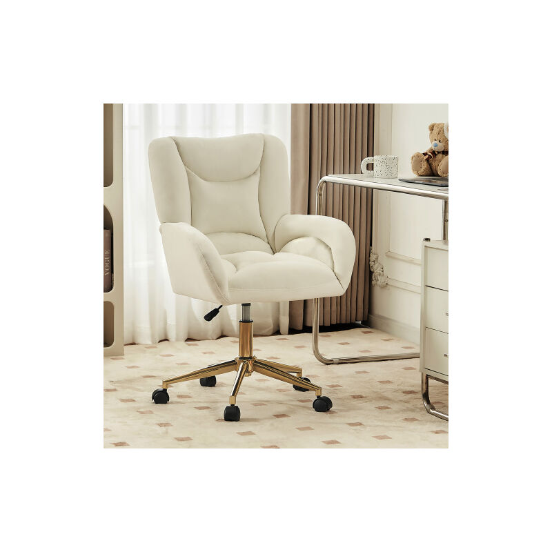 Fauteuil de bureau, chaise pivotante à roulettes avec pieds dorés, velours, hauteur réglable, pour salon, bureau, ivoire