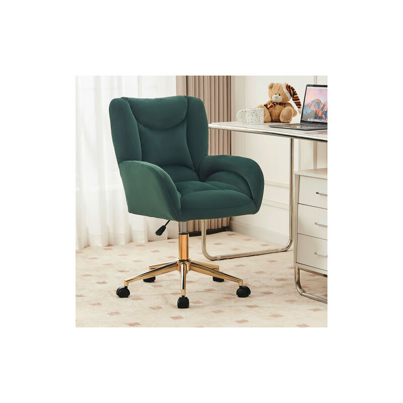 Fauteuil de bureau, chaise pivotante à roulettes avec pieds dorés, velours, hauteur réglable, pour salon, bureau, Vert