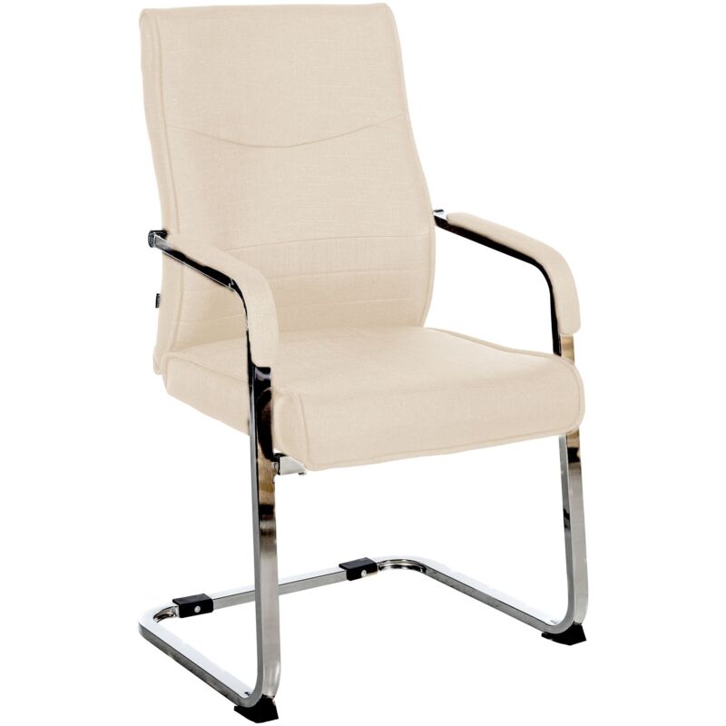 Fauteuil de bureau chaise visiteur sans roulettes piétement luge en métal chromé et assise en tissu crème 100003358