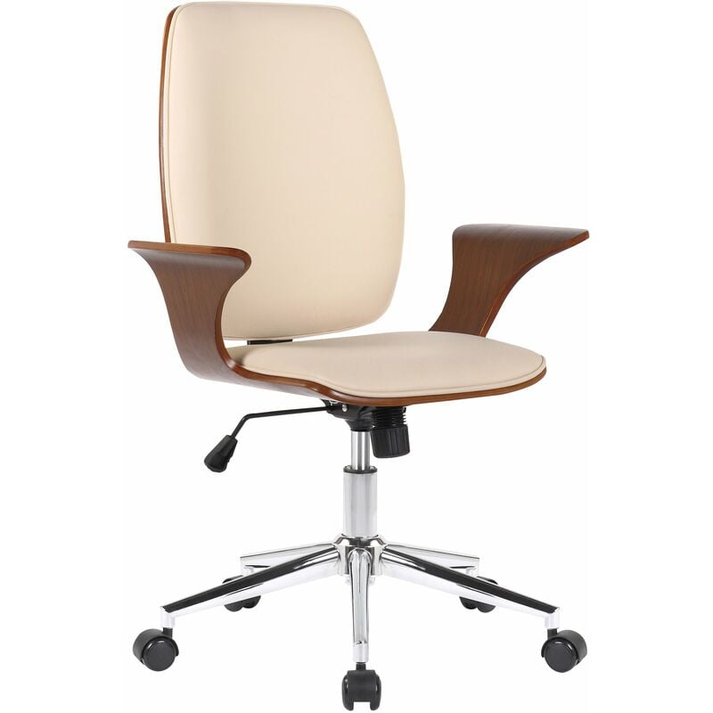 décoshop26 - fauteuil de bureau classique et confortable dossier ergonomique hauteur réglable en synthétique crème bois et métal