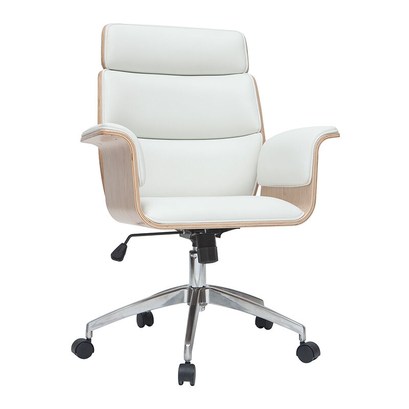Fauteuil de bureau à roulettes design blanc, bois clair et acier chromé elon