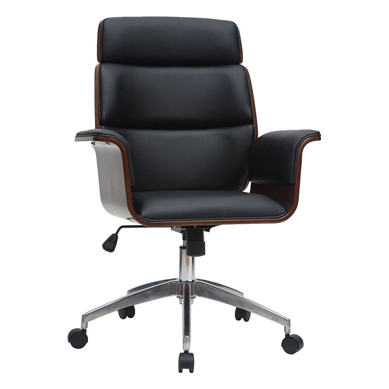 Fauteuil de bureau à roulettes design noir, bois foncé noyer et acier chromé elon