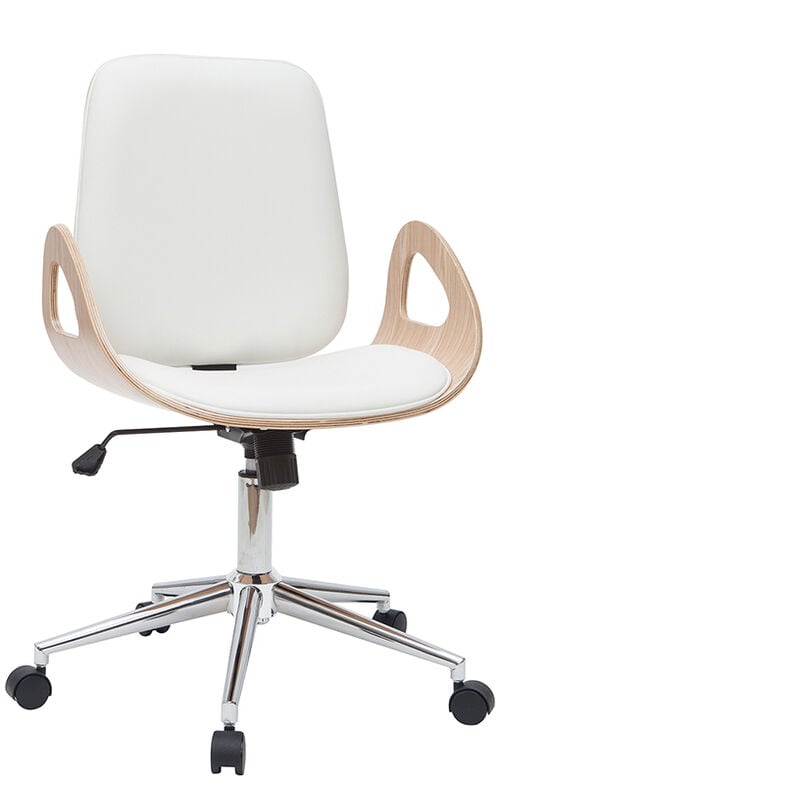 Miliboo - Chaise de bureau à roulettes design blanc, bois clair et acier chromé glory