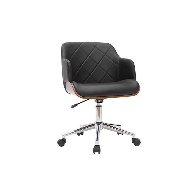 Miliboo - Chaise de bureau à roulettes design noir, bois foncé noyer et acier chromé sandro