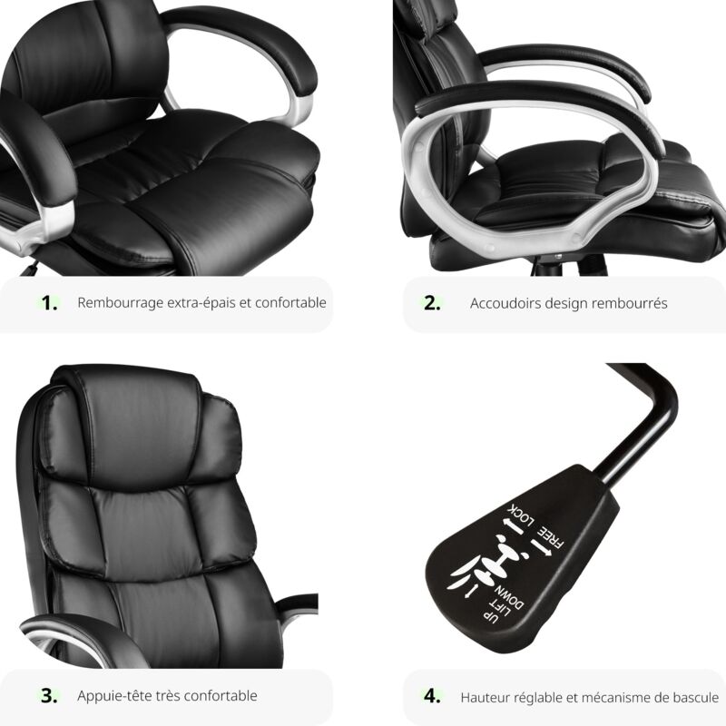 Fauteuil de Bureau design pivotant ergonomique Dossier rembourré Hauteur d'assise réglable 47 cm à 55 cm Noir Fauteuil de Bureau design pivotant ergonomique Dossier rembourré Hauteur d'assise réglable 47 cm à 55 cm Noir