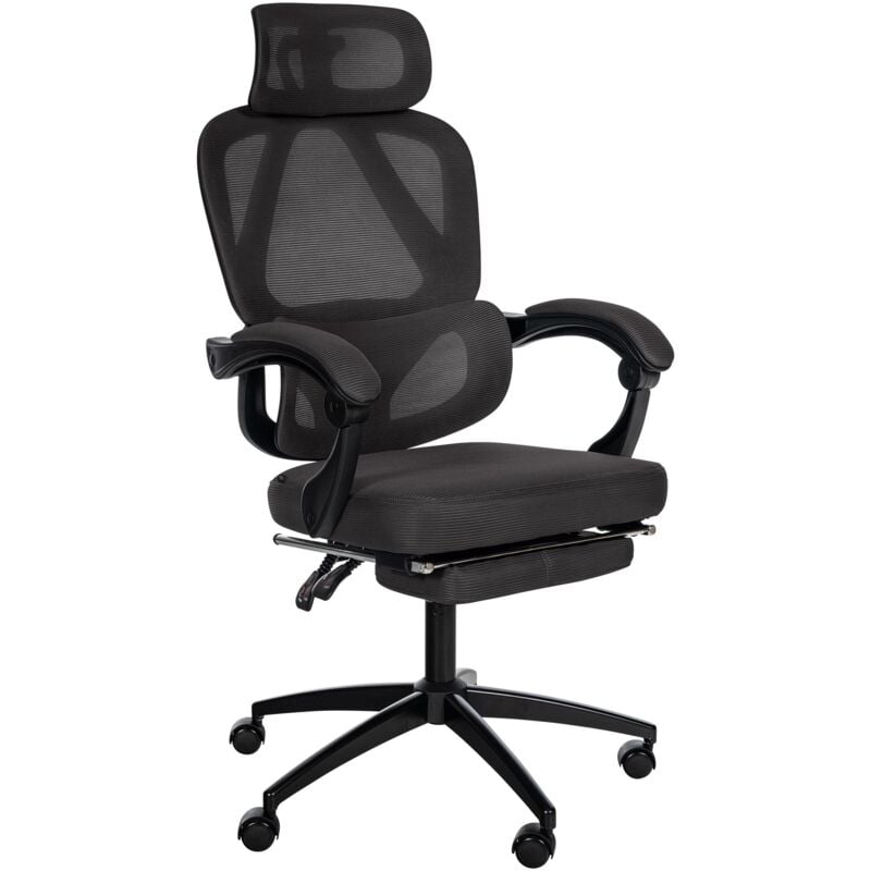 Fauteuil de bureau ergonomique avec appui-tête réglable soutien lombaire et repose-pieds extensible en maille noir BUR10706