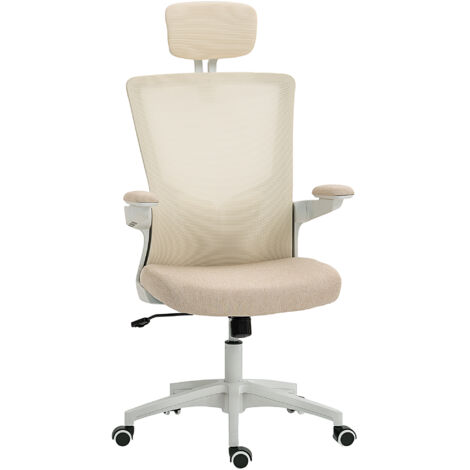 Fauteuil de bureau ergonomique beige, chaise avec accoudoirs relevables, soutien lombaire et appui-tête réglable, dimensions 60x63x120 cm, confortable pour travail à domicile ou professionnel.