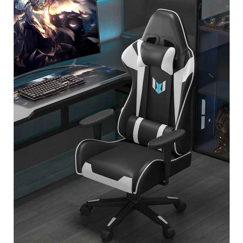 Fauteuil de Bureau Ergonomique Bigzzia Siège Gamer avec appui-tête et oreiller lombaires - Inclinable 90 °-155 ° - Noir et Blanc