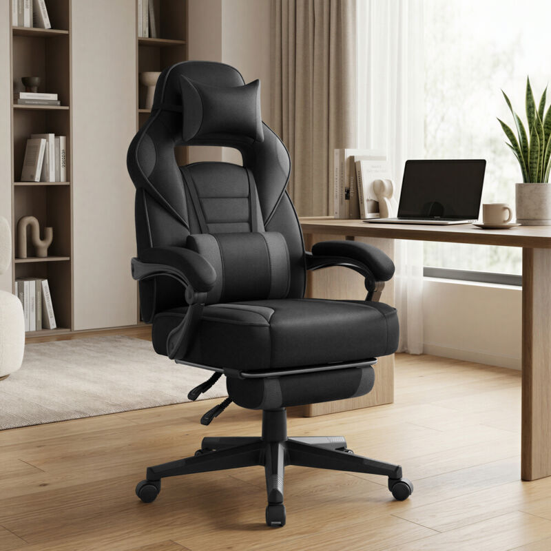 SONGMICS Fauteuil de bureau ergonomique r&eacute;glable en hauteur PU noir et gris