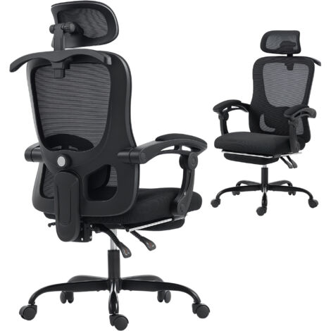 Fauteuil de bureau ergonomique en tissu mesh avec soutien lombaire et repose-tête ajustable, dimensions 64x64x124 cm, couleur noire