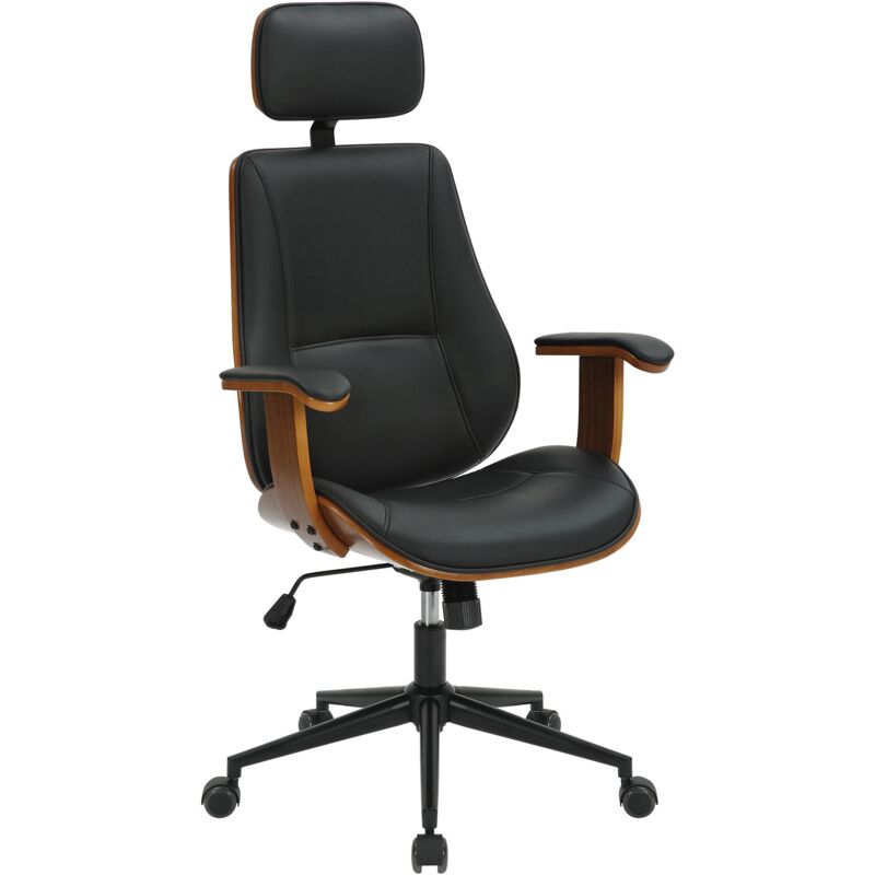 Fauteuil de bureau ergonomique et design avec appuie-tête et accoudoirs en bois marron et similicuir noir BUR10705