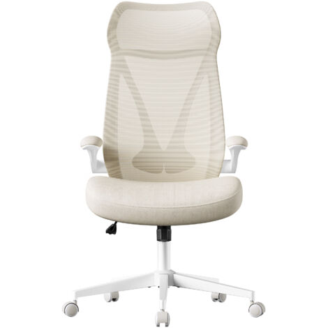 Fauteuil de Bureau, Ergonomique, Hauteur Réglable, Accoudoirs Relevables, Supporte Jusqu’à 150 kg, Beige