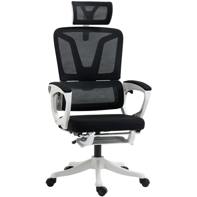 Fauteuil de bureau ergonomique inclinable réglable - repose-pied rétractable, support lombaires, tétière ajustable - blanc noir