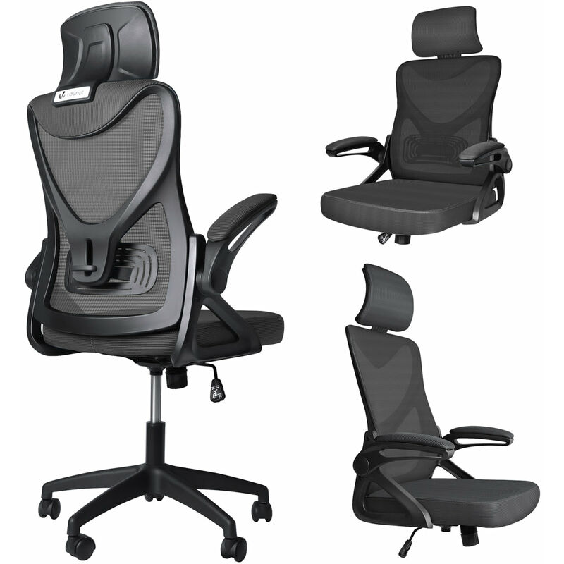 VOUNOT® Fauteuil de bureau ergonomique pivotant avec appuie-tête - Hauteur et dossier réglables - Toile respirant - Noir