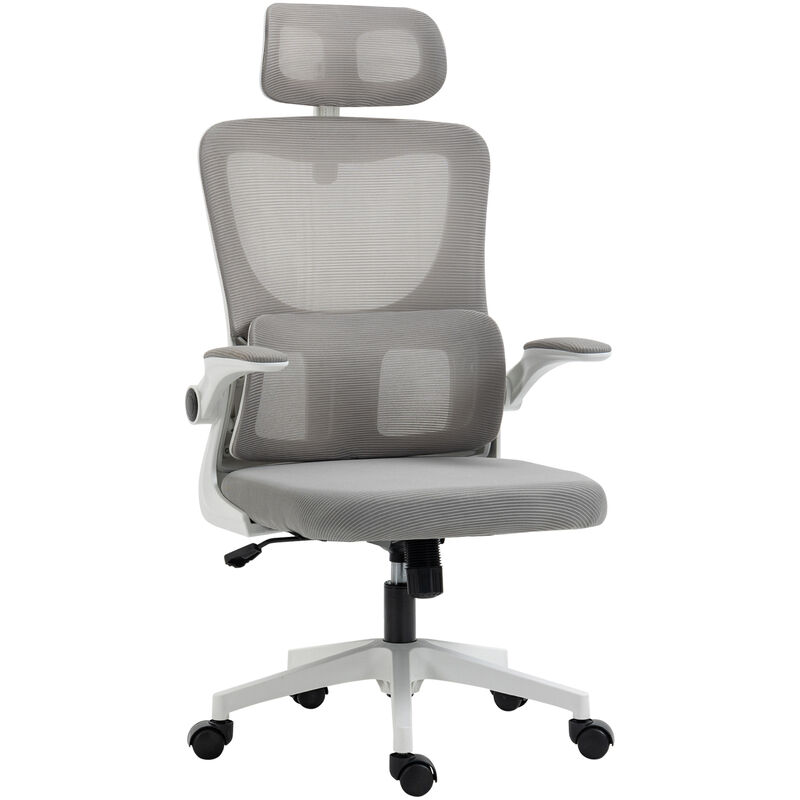 Fauteuil de bureau ergonomique réglable - fonction bascule, support lombaires, tétière ajustable - blanc gris