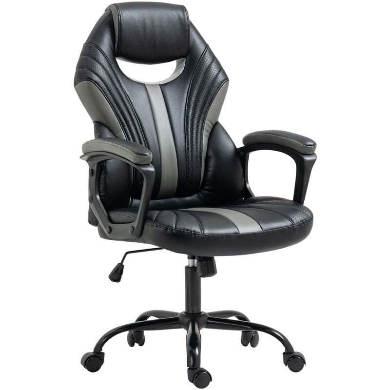 Vinsetto - Chaise de bureau ergonomique fauteuil de bureau style gaming pivotant hauteur réglable en similicuir avec dossier et accoudoir gris - Noir
