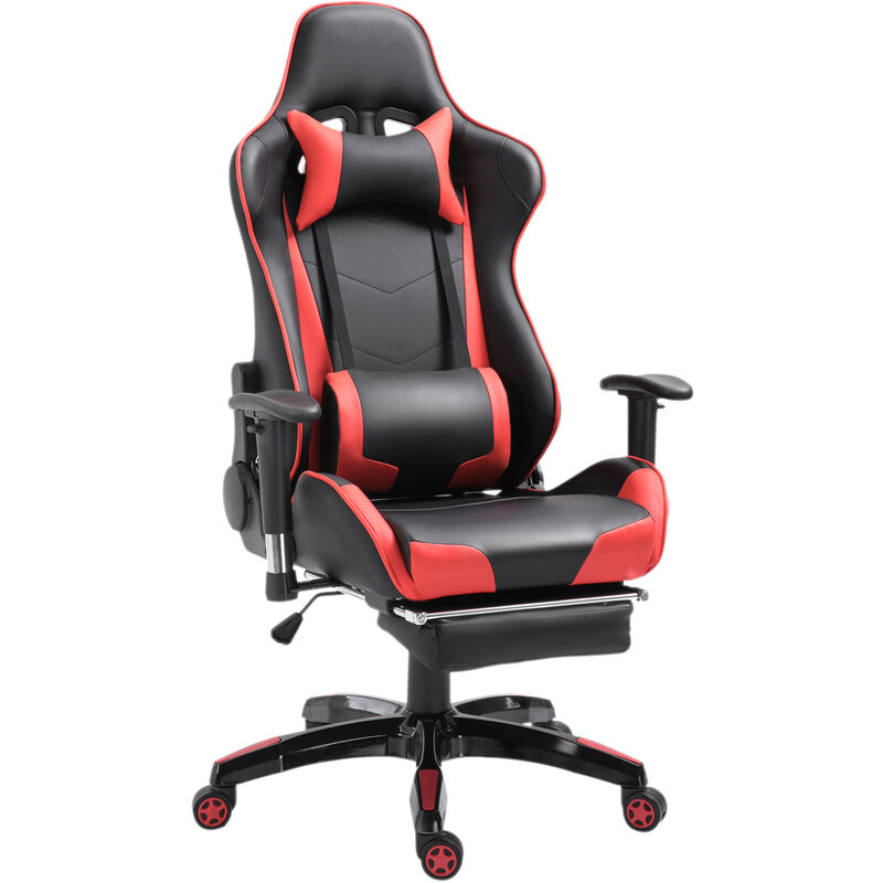 Homcom - Chaise de bureau gaming style baquet racing pivotant inclinable réglable avec coussins repose-pieds synthétique noir rouge - Rouge