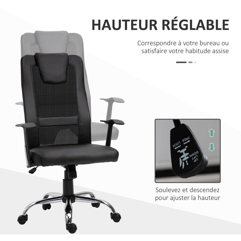 Fauteuil De Bureau Hauteur Assise Accoudoirs Reglable Roulettes Pivotantes P U 51 X 61 X 122 Cm Noir