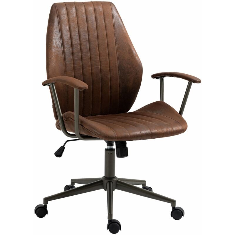Fauteuil de bureau industriel vintage sur roulettes avec accoudoirs en synthétique marron vieilli pivotant BUR10689