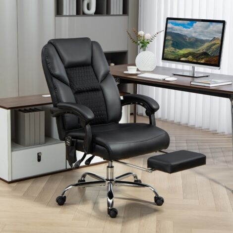 Fauteuil de bureau massant et chauffant avec dossier inclinable et repose-pieds, en cuir PU noir.