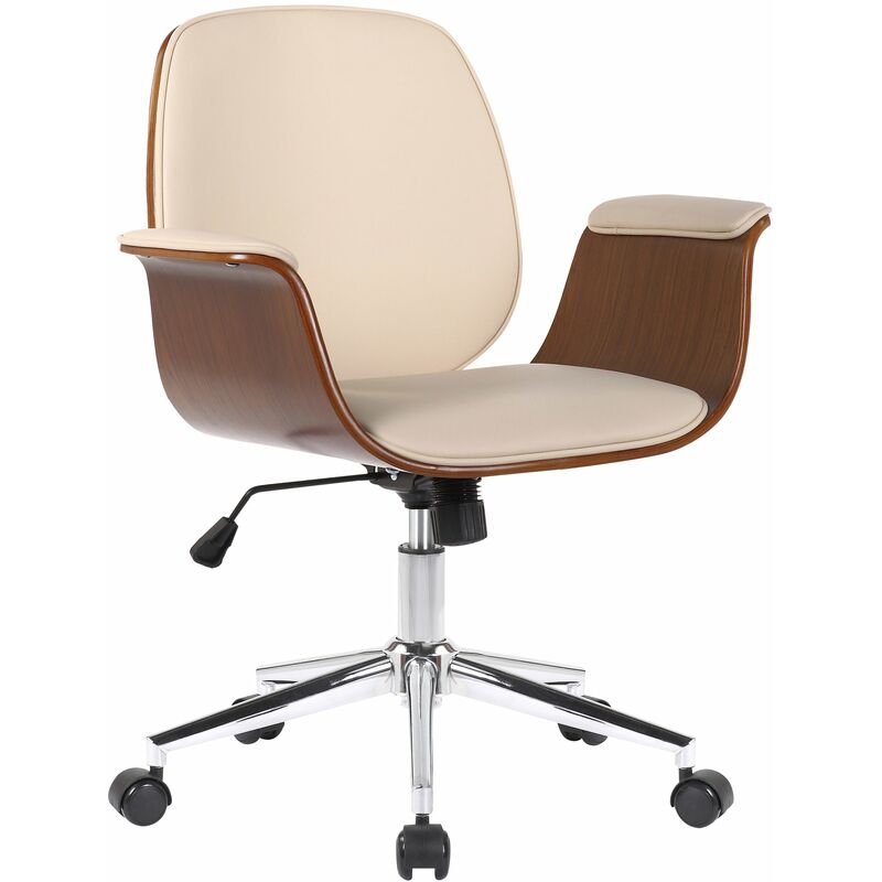 Fauteuil de bureau moderne et confortable accoudoirs incurvés hauteur réglable en synthétique crème bois et métal BUR10554