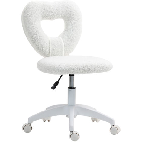 Fauteuil de bureau pivotant à roulettes avec dossier en forme de cœur, revêtu de velours Teddy, style moderne, idéal pour le bureau ou la chambre. Dimensions : 45 x 56 x 78-88 cm. Couleur : blanc.