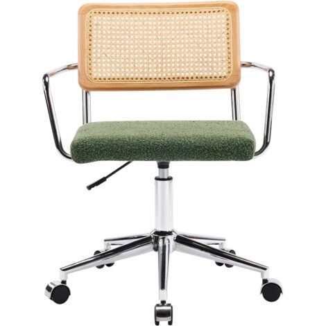 Fauteuil de bureau pivotant et réglable en hauteur en tissu bouclé vert et cannage - Julian