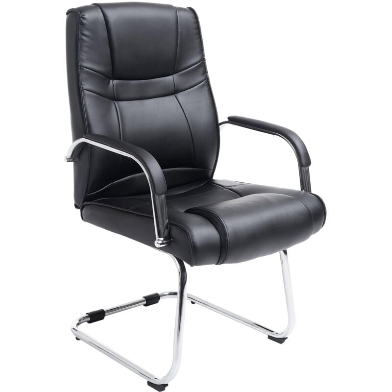 Fauteuil de bureau sans roulettes accoudoirs chaise visiteur charge maximale 180 kg en pvc noir cadre en métal BUR10715
