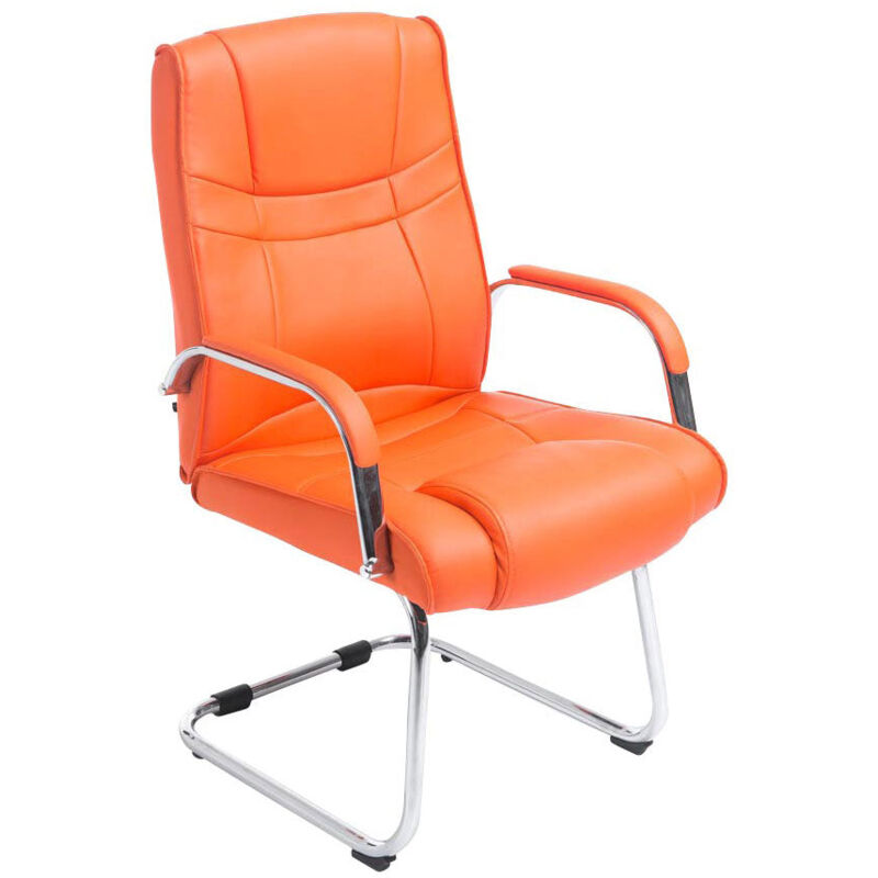 Fauteuil de bureau sans roulettes accoudoirs chaise visiteur charge maximale 180 kg en PVC orange cadre en métal BUR10717