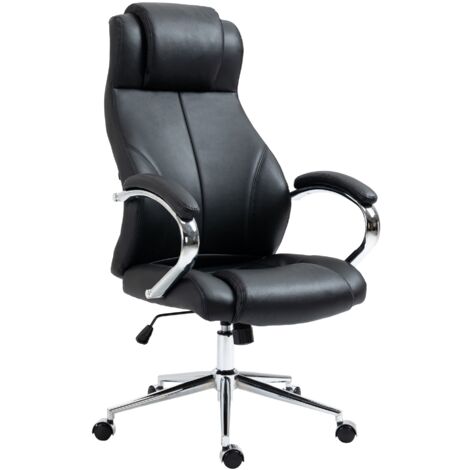 Fauteuil de bureau sur roulettes avec accoudoirs forme ergonomique en véritable cuir noir et métal chromé 100002642