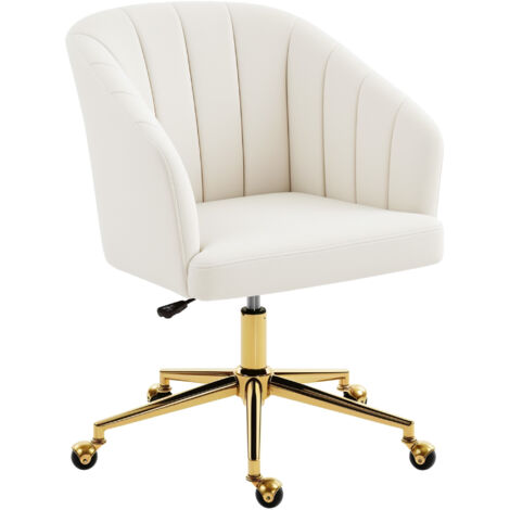Fauteuil de bureau velours crème réglable en hauteur avec base dorée et roulettes