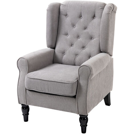 Fauteuil de chambre de style français avec assise large, capitonné, avec accoudoirs et rembourrage, pieds en bois, gris, idéal pour le salon et le bureau.