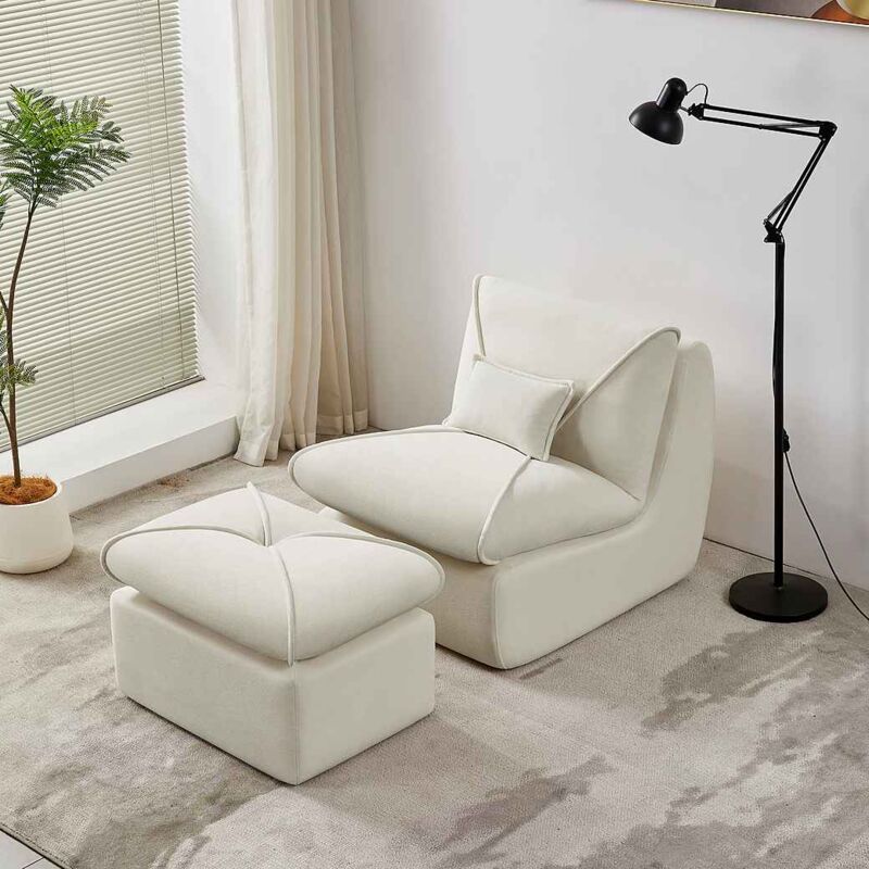 Fauteuil de détente rembourré et paresseux, Canapé simple avec repose-pieds, blanc